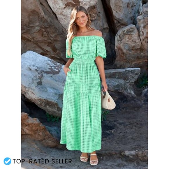 Off Shoulder Smocked Maxi Dress Flowy Boho Summer Casual Puff Sleeve - Picture 2 of 7
